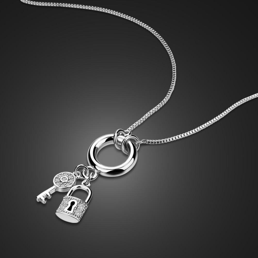 Genuine 100% 925 Sterling Silver Lock Pendant Long Necklace Women Delicate Key Pendant Jewelry Girl Gift