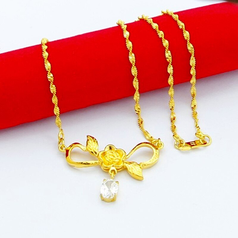 Genuine 24k Gold Necklace Zircon Heart Pendant Water Corrugated Set Chain Plating Gold Jewelry Wedding Gifts for Women
