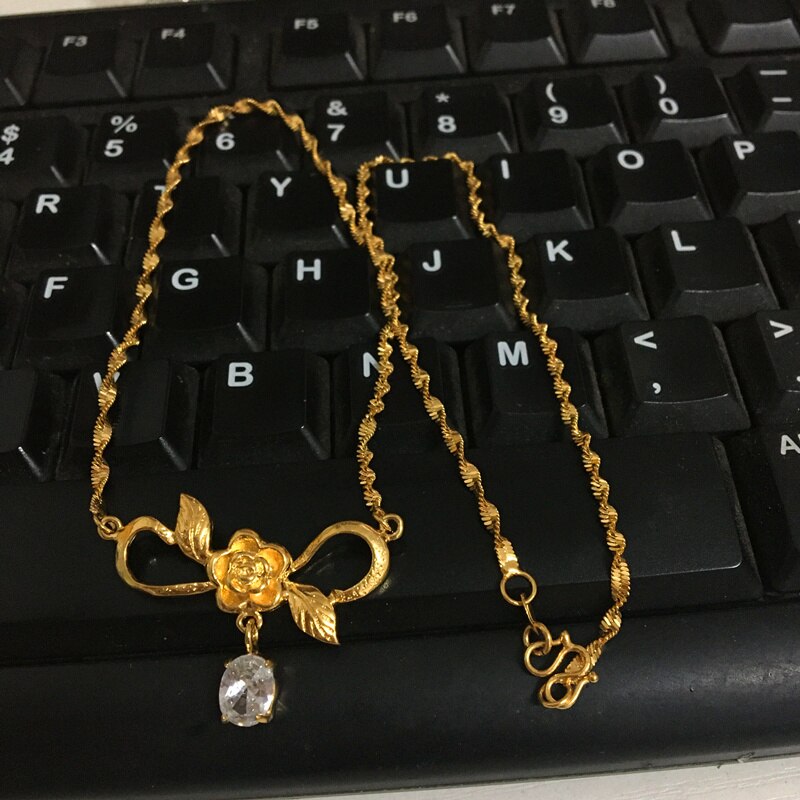 Genuine 24k Gold Necklace Zircon Heart Pendant Water Corrugated Set Chain Plating Gold Jewelry Wedding Gifts for Women