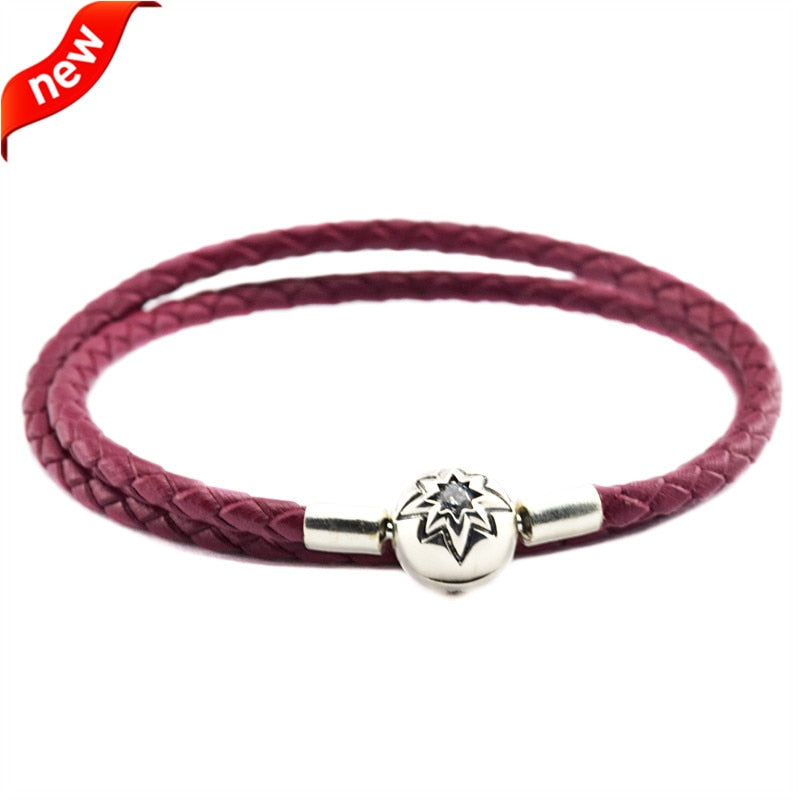 Genuine 925 Silver Jewelry Bracelets for Women DIY Fits Beads Charms Burgundy Leather Bracelet with Silver Starry Sky Clasp