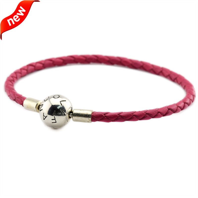 Genuine 925 Silver Jewelry Bracelets for Women DIY Jewelry Rose Leather Bracelet with Silver Round Clasp Fits Beads Charm