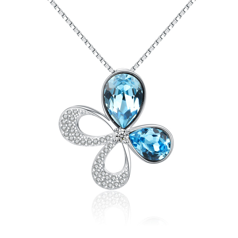 Genuine 925 Sterling Silver Austrian Crystal Four Leaf Leaves Clover Heart Rhinestones Women Necklace Pendant Jewelry
