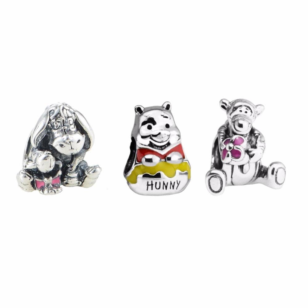 Genuine 925 Sterling Silver Charms Eeyore Bear Tigger Beads Fine Jewelry Sets Making Gift Fits European Charm Bracelets Berloque