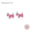 Genuine 925 Sterling Silver Dog Earrings Pale Cerise Enamel Pink CZ Stud Earrings for Women Jewelry Bijoux zk40