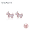 Genuine 925 Sterling Silver Dog Earrings Pale Cerise Enamel Pink CZ Stud Earrings for Women Jewelry Bijoux zk40