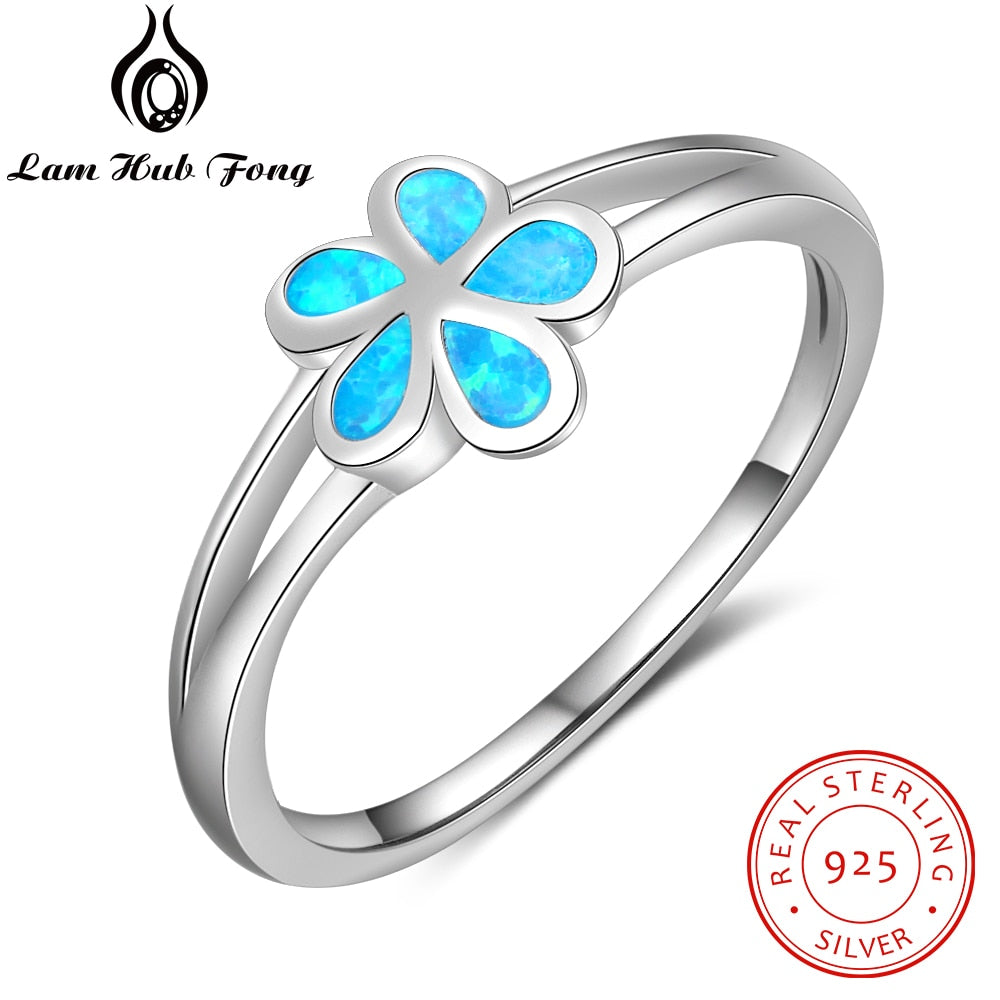 Genuine 925 Sterling Silver Flower Rings for Women Created Blue Opal Engagement Ring S925 Silver Fine Jewelry (Lam Hub Fong)