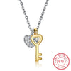 Genuine 925 Sterling Silver Full Zircon Heart Gold Color Key Pendant Necklaces Women Initial Necklace Chokers Lover's Gift