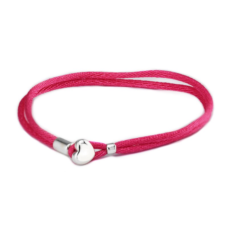Genuine 925 Sterling-Silver-Jewelry Bracelets for Women DIY Jewelry Hot Pink Fabric Cord Bracelet Fits Silver Beads Charm