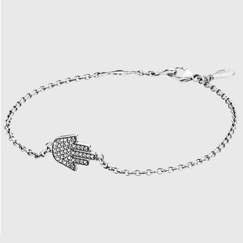 Genuine 925 Sterling-Silver-Jewelry Hamsa Hand Silver Bracelets with Clear CZ Bracelets for Women DIY Jewelry FLB001