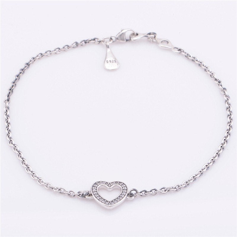 Genuine 925 Sterling-Silver-Jewelry Heart Silver Bracelets DIY Jewelry for Women FLB003
