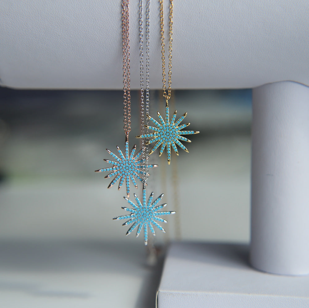 Genuine 925 Sterling Silver Jewelry PAVE blue turquoises star norht star sun burst pendant Luxury stone women pendant necklace