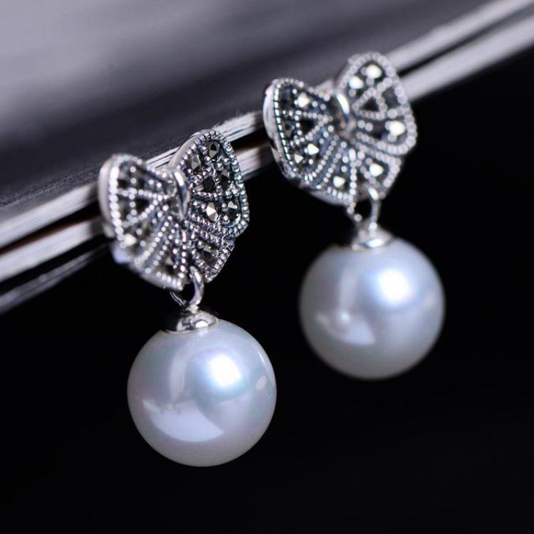 Genuine 925 Sterling Silver Jewelry Shell Pearl Earring Butterfly Vintage Design Inlaid Mosaic CZ Stone Oorbellen Voor Vrouwen