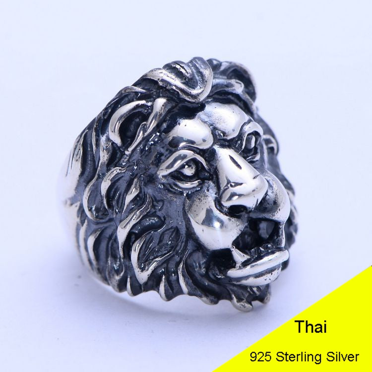 Genuine 925 Sterling Silver Retro Men Male Animal Lion Head Ring Thai Silver Fine Jewelry Gift Finger Ring CH056063