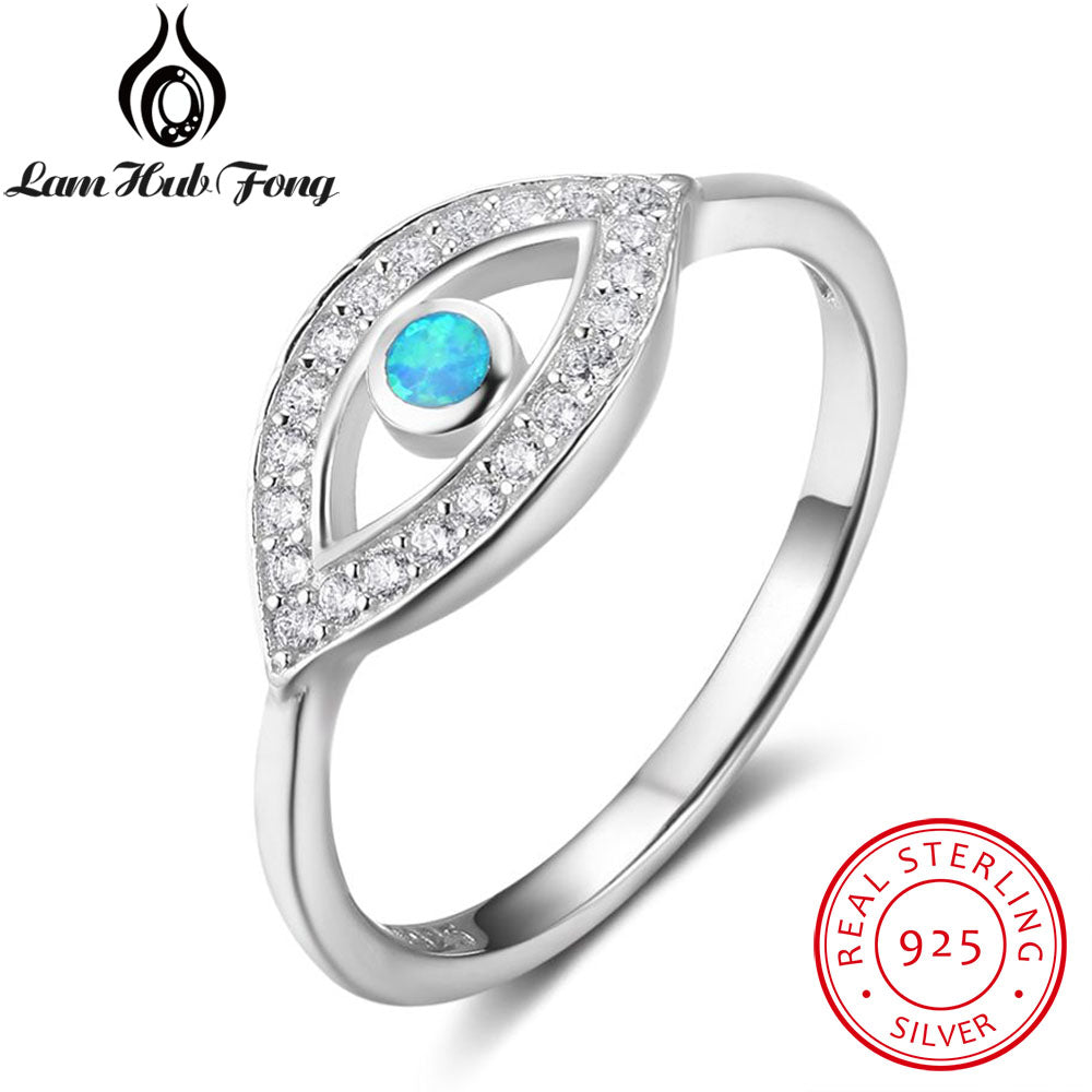 Genuine 925 Sterling Silver Ring Blue Round Opal Stone Eye Shape Rings in engagement Occasion Valentine's D Gift(Lam Hub Fong)