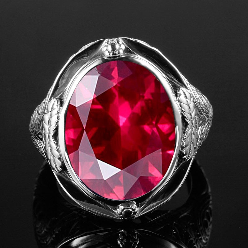 Genuine 925 Sterling Silver Ring Created Ruby Egg Stone for Men Vintage Hollowed Flower Women Party Cocktail Ring Fine Jewelry