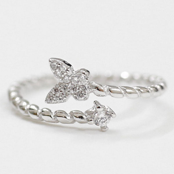 Genuine 925 Sterling Silver Ring for Women Wedding Butterfly Open Design Adjustable Zircon Finger Rings