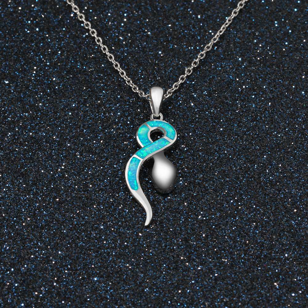 Genuine 925 Sterling Silver Snake Pendant Necklace With Blue Opal Stone Trendy Chain Necklace Christmas Gift (Lam Hub Fong)