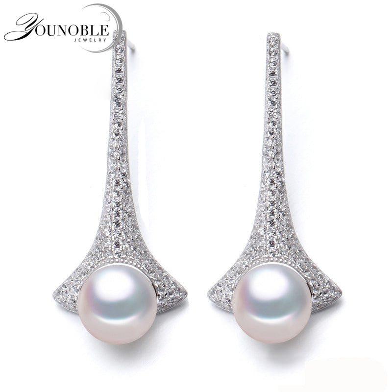 Genuine long pearl earrings for women,big stud natural pearl earring wedding 925 silver jewelry girlfriend best gift