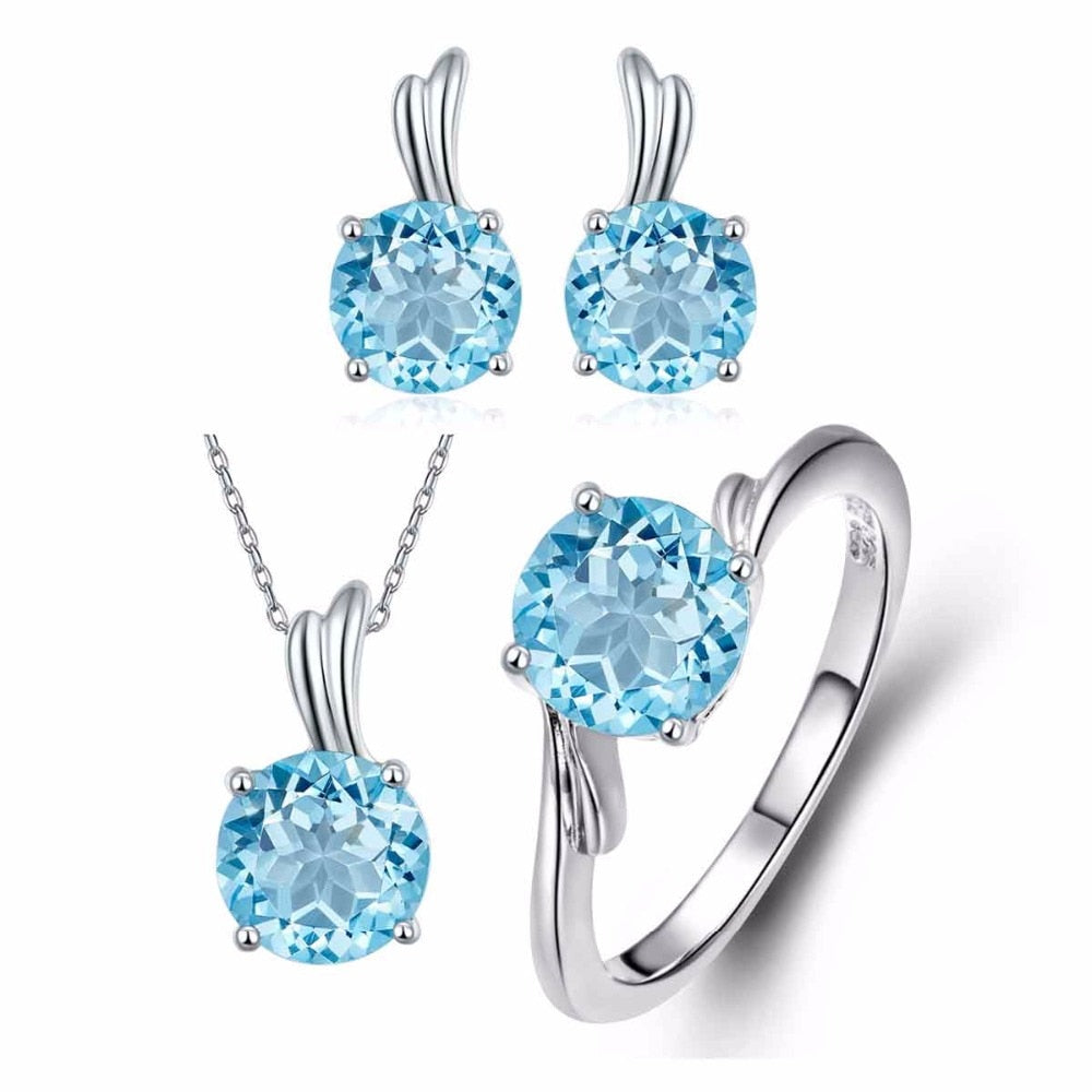 Genuine Jewelry Sets Sky Blue Topaz Solid 925 Sterling Silver Wing Ring & Pendant & Earrings Natural Fine Gemstone Jewelry Gift