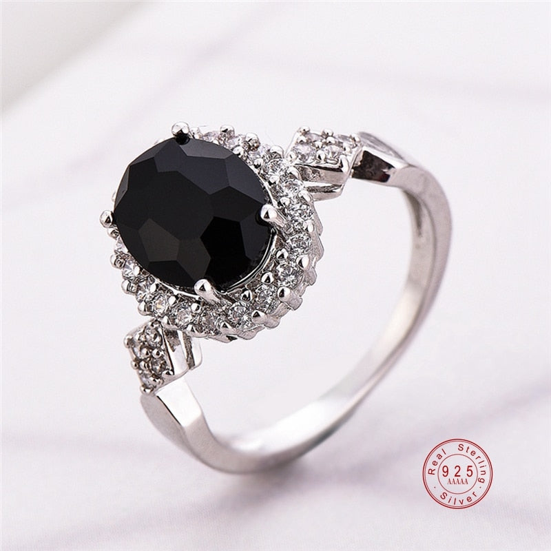 Genuine Jewelry  Sterling Plata Stackable Ring Round Black CZ Crystal Finger Rings for Women Wedding Party Bague Bijoux