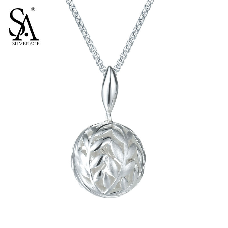 Genuine Sterling Silver Suspension Necklaces for Women Hollow Leaf & Ball Wedding Pendant Necklaces Silver 925 Jewelry
