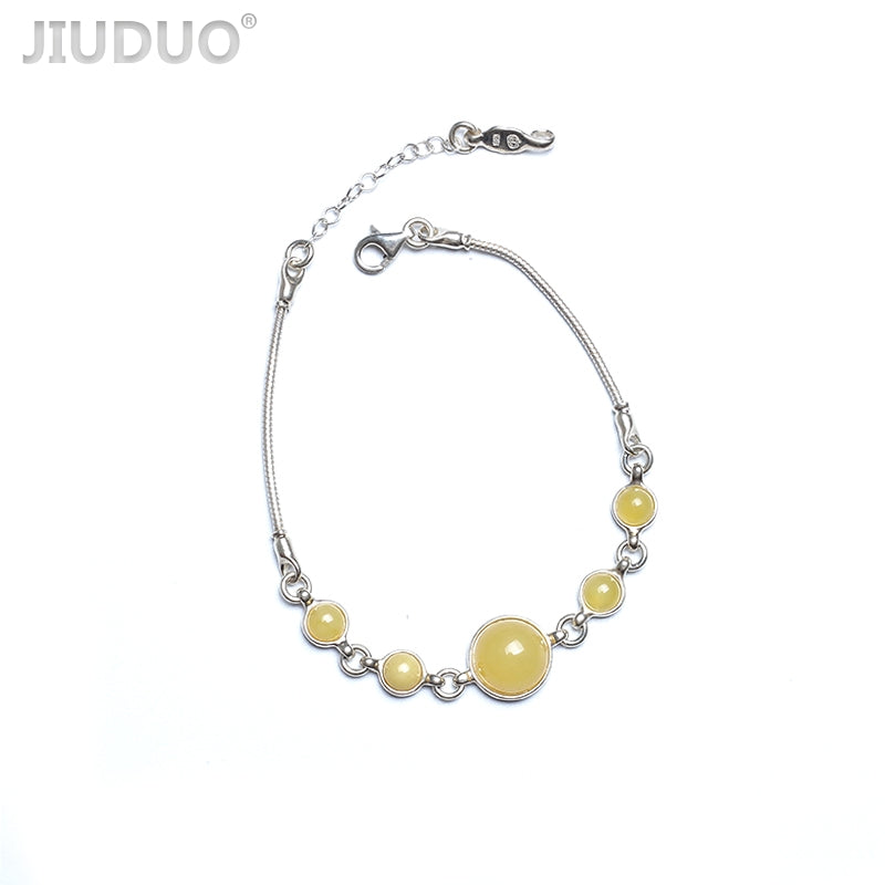 Genuine luxury 925 sterling silver inlaid natural butter yellow old beeswax old amber bracelet antique European back