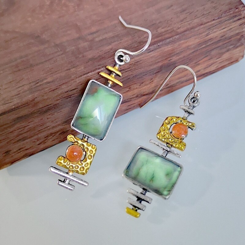 Geometric Asymmetric Green Stone Inlaid Pendant Earrings For Women Trendy Bohemian Crystal Inlaid Eardrop Party Accessories