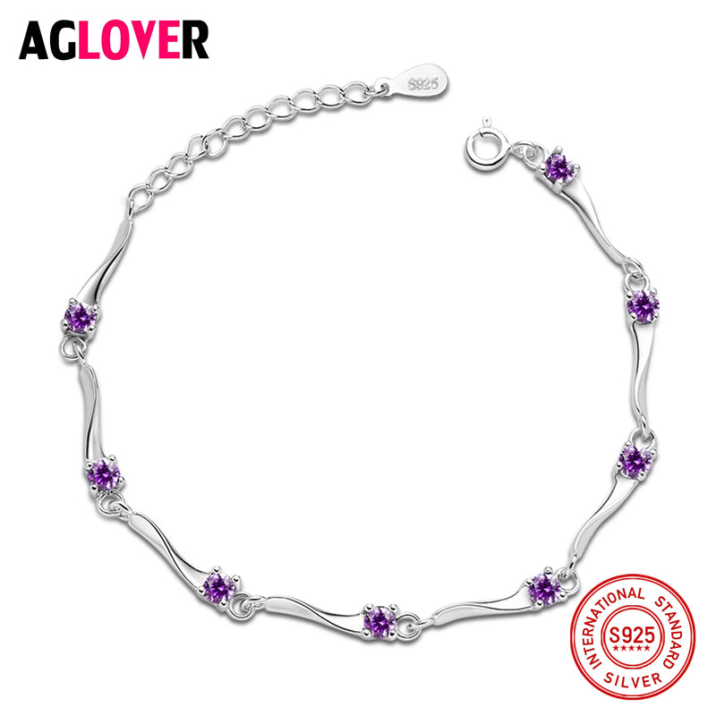Geometry Genuine Mystical Purple CZ Crystal Bracelet Solid 925 Sterling Silver Vintage Gift For Women Jewelry