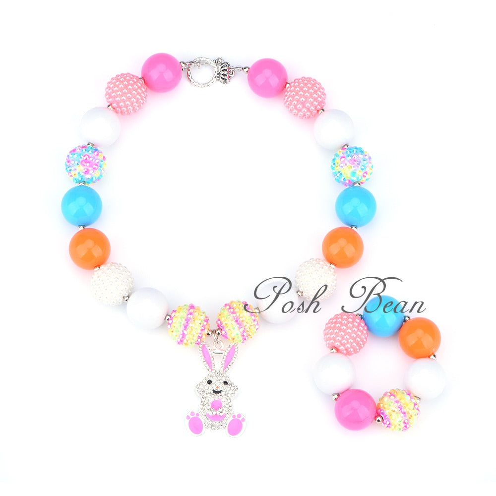 Girls Chunky Bubblegum Necklace and Bracelet Set Easter Bunny with Pink Egg Bubblegum Bead Necklace Easter Outfit Basket Gift