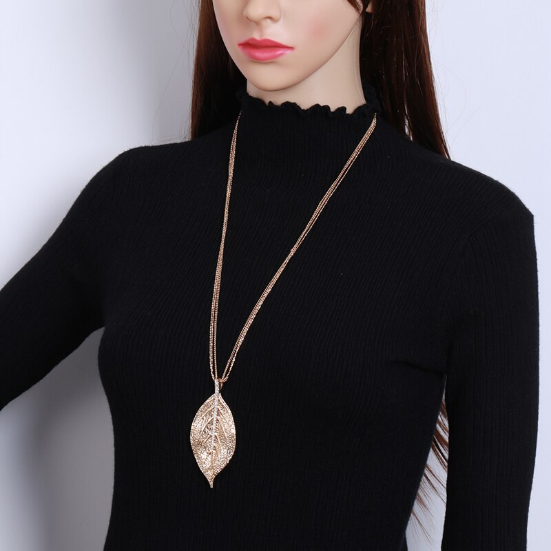 Girls Special Leaves Leaf Pendant Necklace Women Gold/Silvery/Rose Gold Color Plant Long Necklace With Link Chain collar mujer
