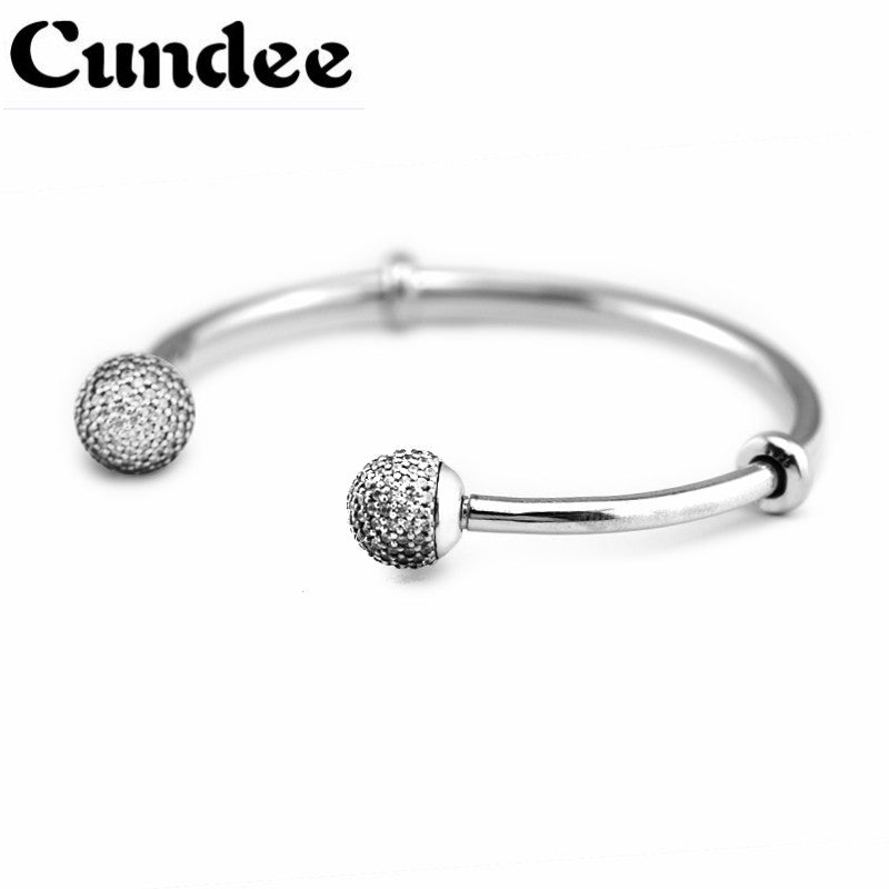 Glittering 925 Sterling Silver Moments Open Bangles with Clear CZ Pave End Clasp & Two Stoppers for Women Fine Jewelry