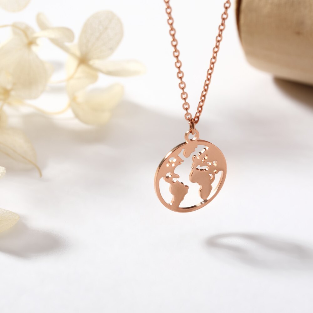 Globe World Map Necklace Stainless Steel World Necklace Women Girls Gold Color Chain Choker Necklaces Map Jewelry Birthday Gift