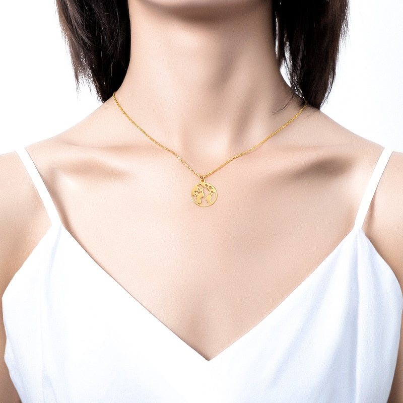 Globe World Map Necklace Stainless Steel World Necklace Women Girls Gold Color Chain Choker Necklaces Map Jewelry Birthday Gift