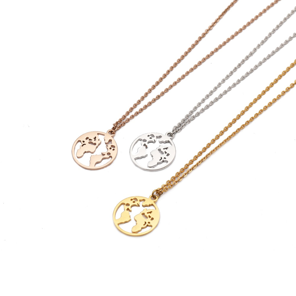Globe World Map Necklace Stainless Steel World Necklace Women Girls Gold Color Chain Choker Necklaces Map Jewelry Birthday Gift