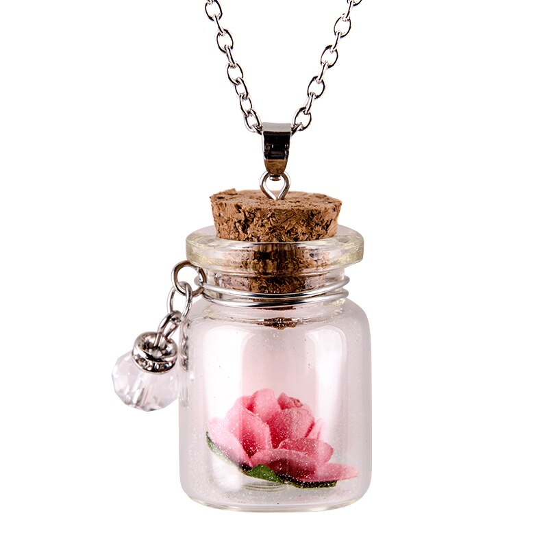 Glow In The Dark Rose Flower Glass Wishing Bottle Necklace Vintage Glowing Necklace For Women Girl Charm Statement Jewelry Gift