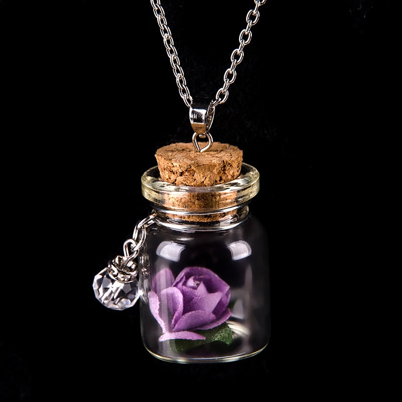 Glow In The Dark Rose Flower Glass Wishing Bottle Necklace Vintage Glowing Necklace For Women Girl Charm Statement Jewelry Gift