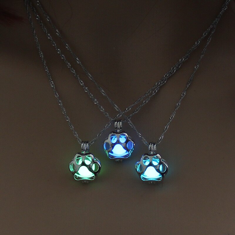 Glow in The Dark Pendant Necklace with Silver Color Paw Dog Shaped Locket Pendant Necklace Glowing Jewelry for Women