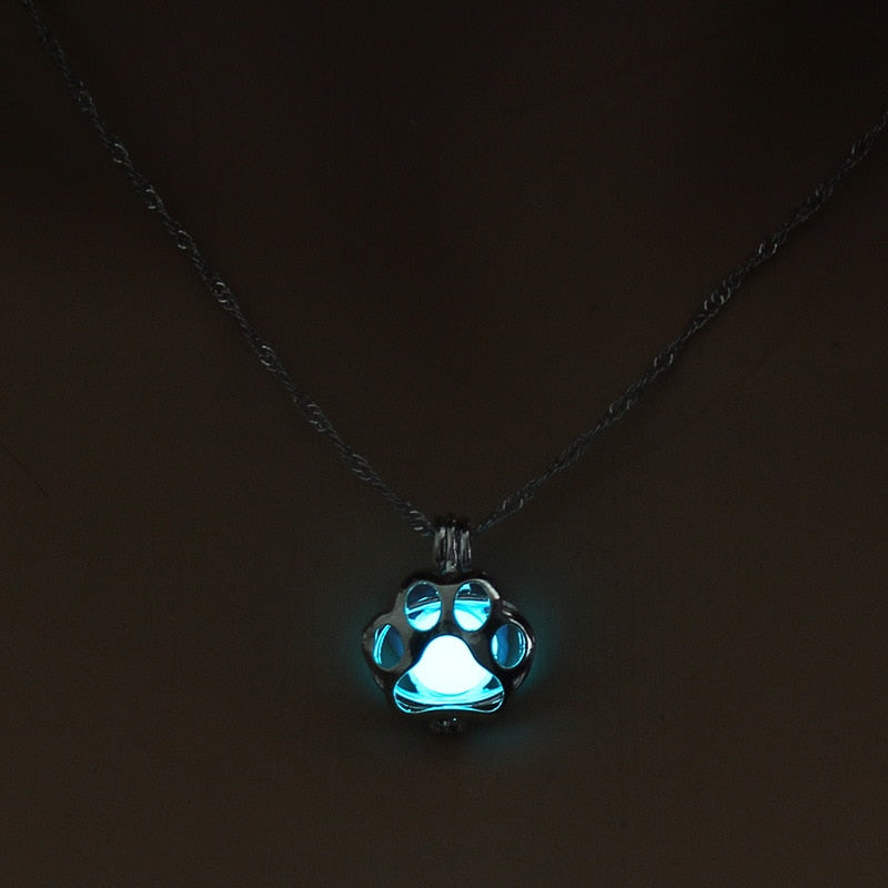 Glow in The Dark Pendant Necklace with Silver Color Paw Dog Shaped Locket Pendant Necklace Glowing Jewelry for Women