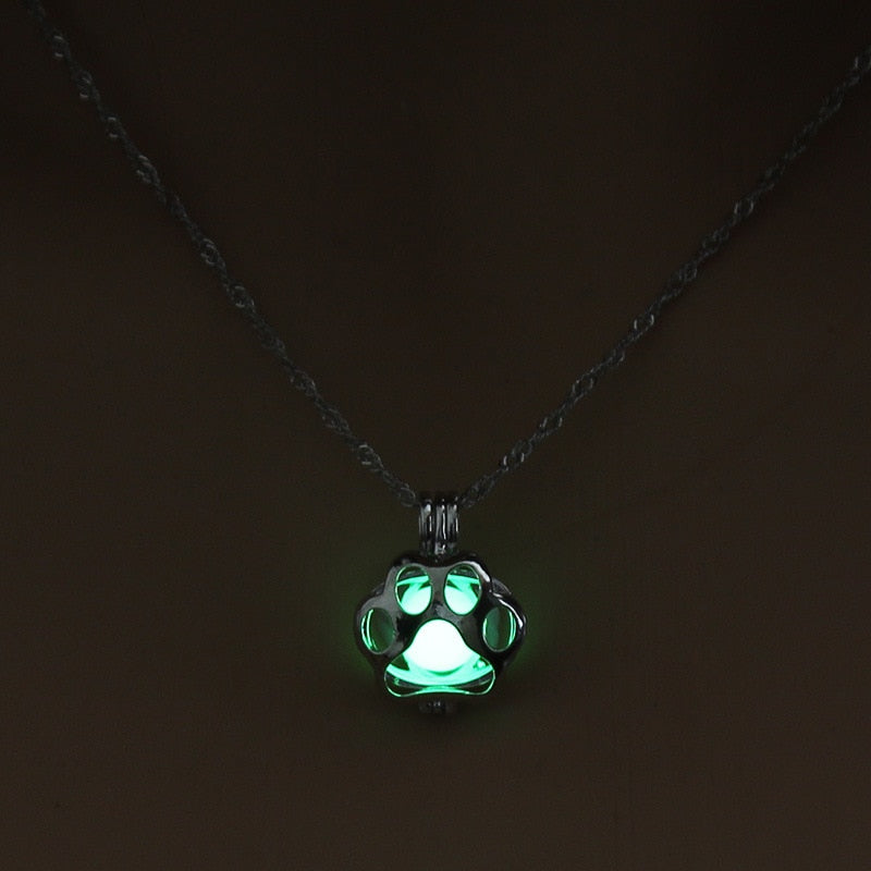 Glow in The Dark Pendant Necklace with Silver Color Paw Dog Shaped Locket Pendant Necklace Glowing Jewelry for Women