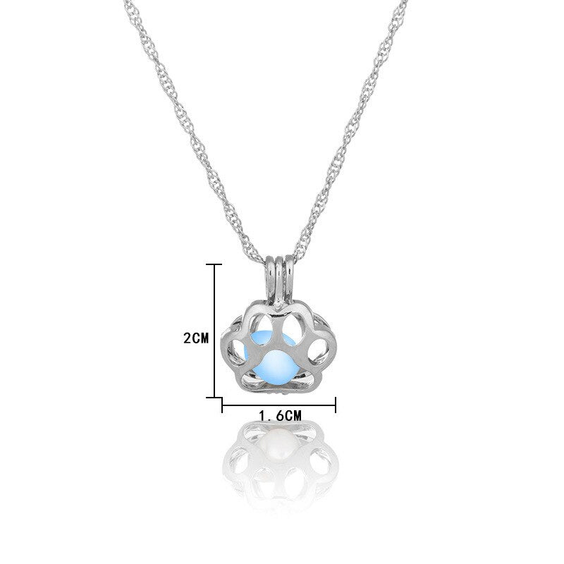 Glow in The Dark Pendant Necklace with Silver Color Paw Dog Shaped Locket Pendant Necklace Glowing Jewelry for Women