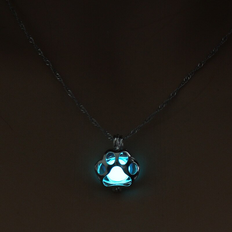 Glow in The Dark Pendant Necklace with Silver Color Paw Dog Shaped Locket Pendant Necklace Glowing Jewelry for Women