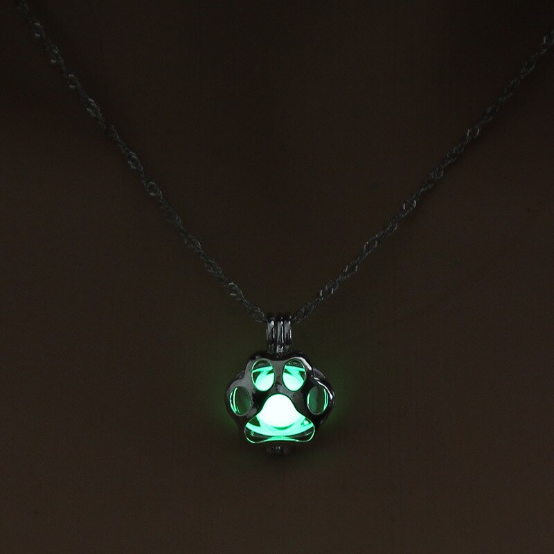 Glow in The Dark Pendant Necklace with Silver Color Paw Dog Shaped Locket Pendant Necklace Glowing Jewelry for Women