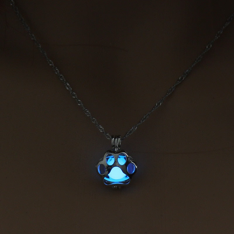Glow in The Dark Pendant Necklace with Silver Color Paw Dog Shaped Locket Pendant Necklace Glowing Jewelry for Women