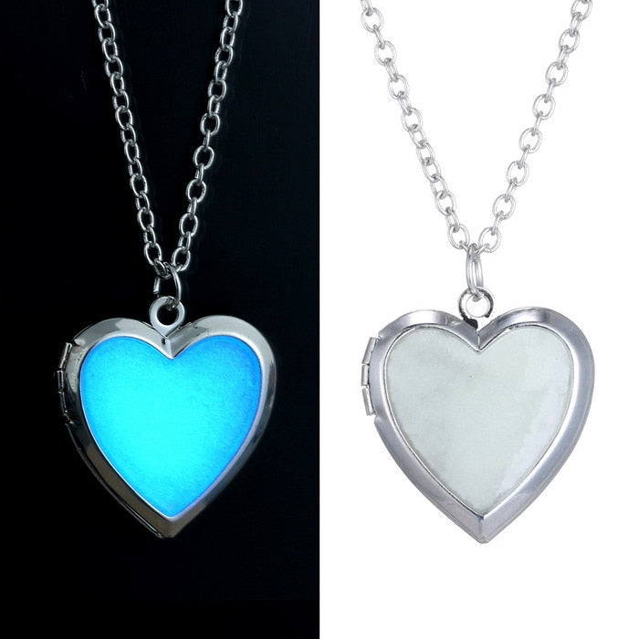 Glow in the Dark Necklace for women Photo Locket vintage Fluorescence heart Necklace Pendant Jewelry floating Charm Gifts