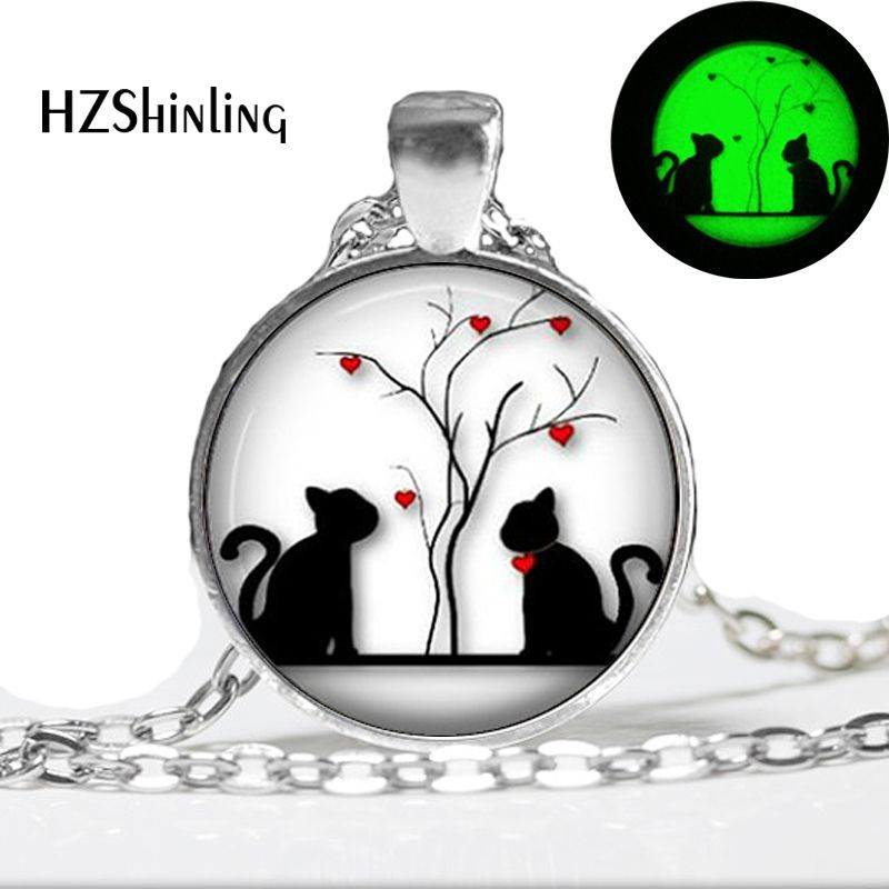 Glow in the dark Necklace Pendants,Hearts Silhouette Cat Necklace Valentine Gift, Glass Art Photo Glowing Jewelry Cat Jewelry