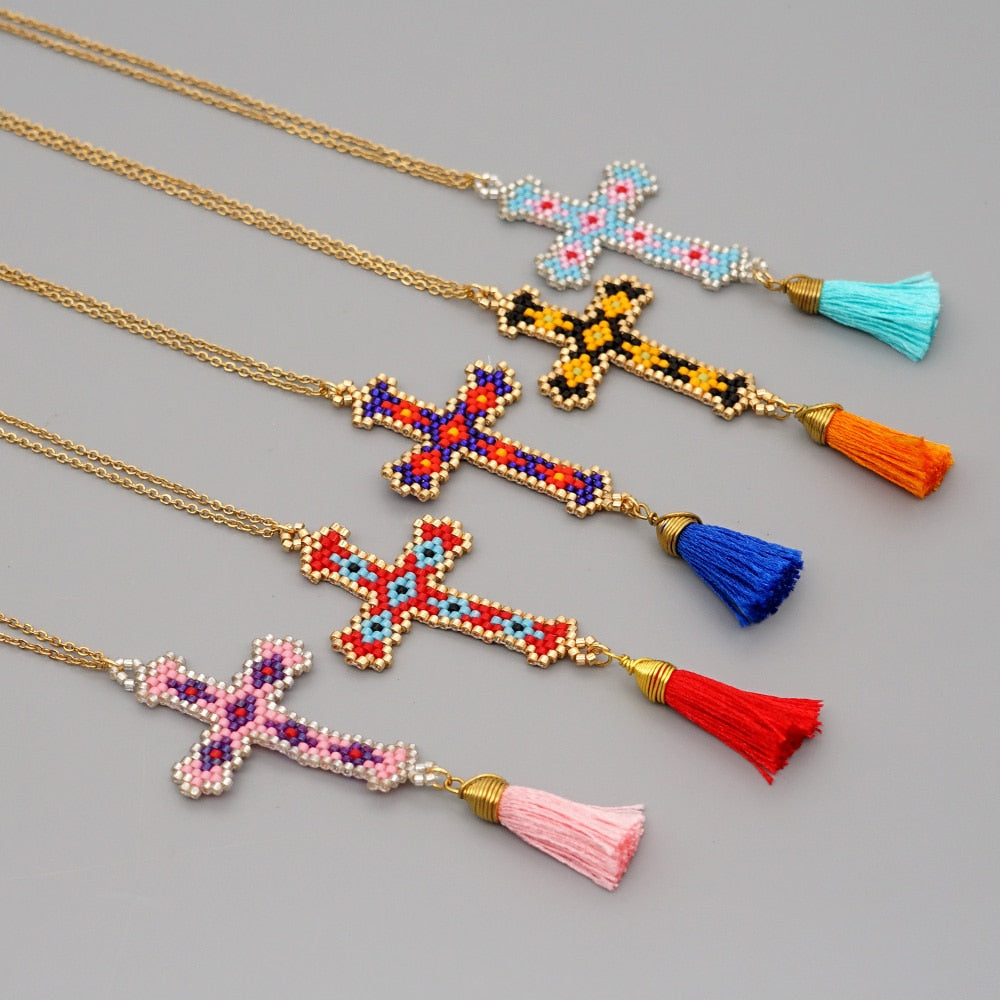 Go2Boho Cross Necklace for Women Jewellery 2022 Christian Jewelry Bohemian Colorful Pendant Collier Tassel Necklaces