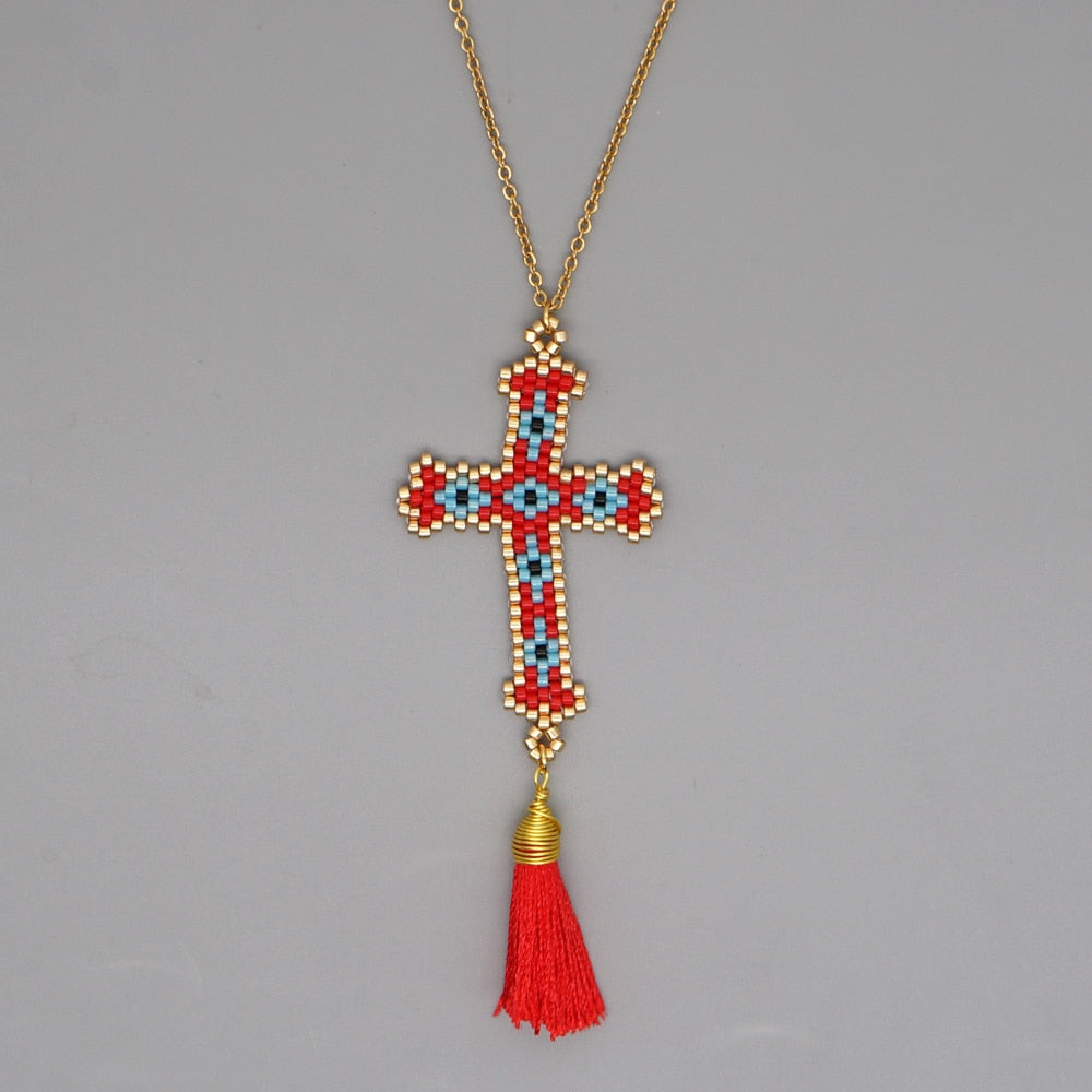 Go2Boho Cross Necklace for Women Jewellery 2022 Christian Jewelry Bohemian Colorful Pendant Collier Tassel Necklaces