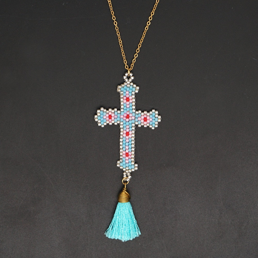 Go2Boho Cross Necklace for Women Jewellery 2022 Christian Jewelry Bohemian Colorful Pendant Collier Tassel Necklaces