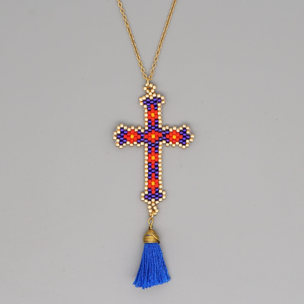 Go2Boho Cross Necklace for Women Jewellery 2022 Christian Jewelry Bohemian Colorful Pendant Collier Tassel Necklaces
