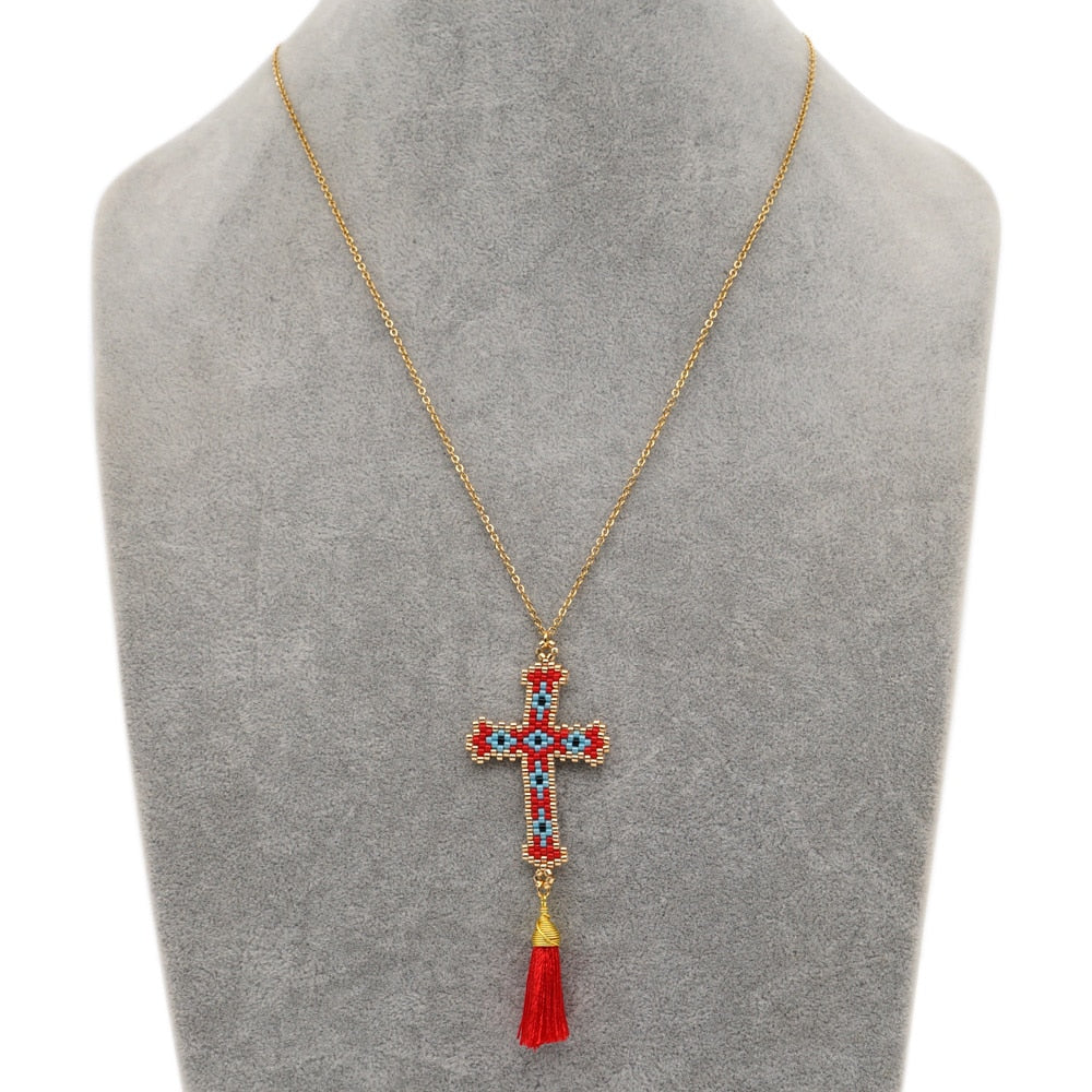 Go2Boho Cross Necklace for Women Jewellery 2022 Christian Jewelry Bohemian Colorful Pendant Collier Tassel Necklaces